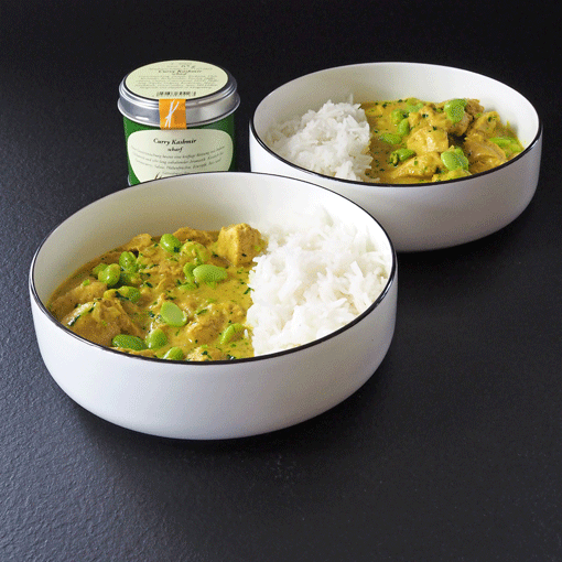 Hühnchen-Kokos-Curry Kashmir mit Sojabohnen und Reis