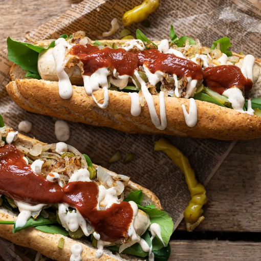 Veganer Hot Dog mit Zwiebeln und BBQ-Sauce